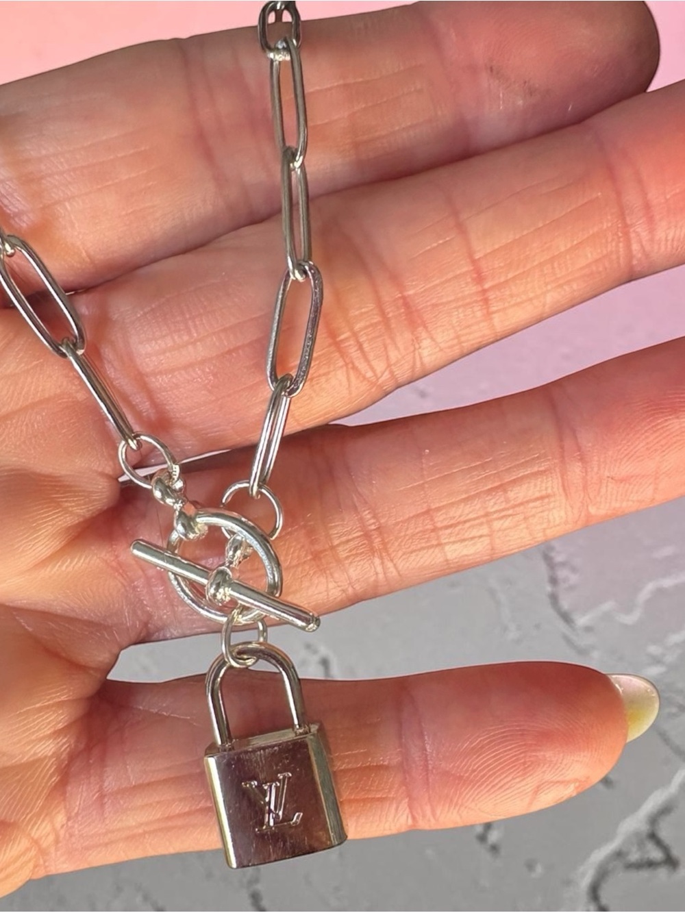 Authentic Silver Louis Vuitton Upcycled LV double-sided lock 🔒 charm necklace